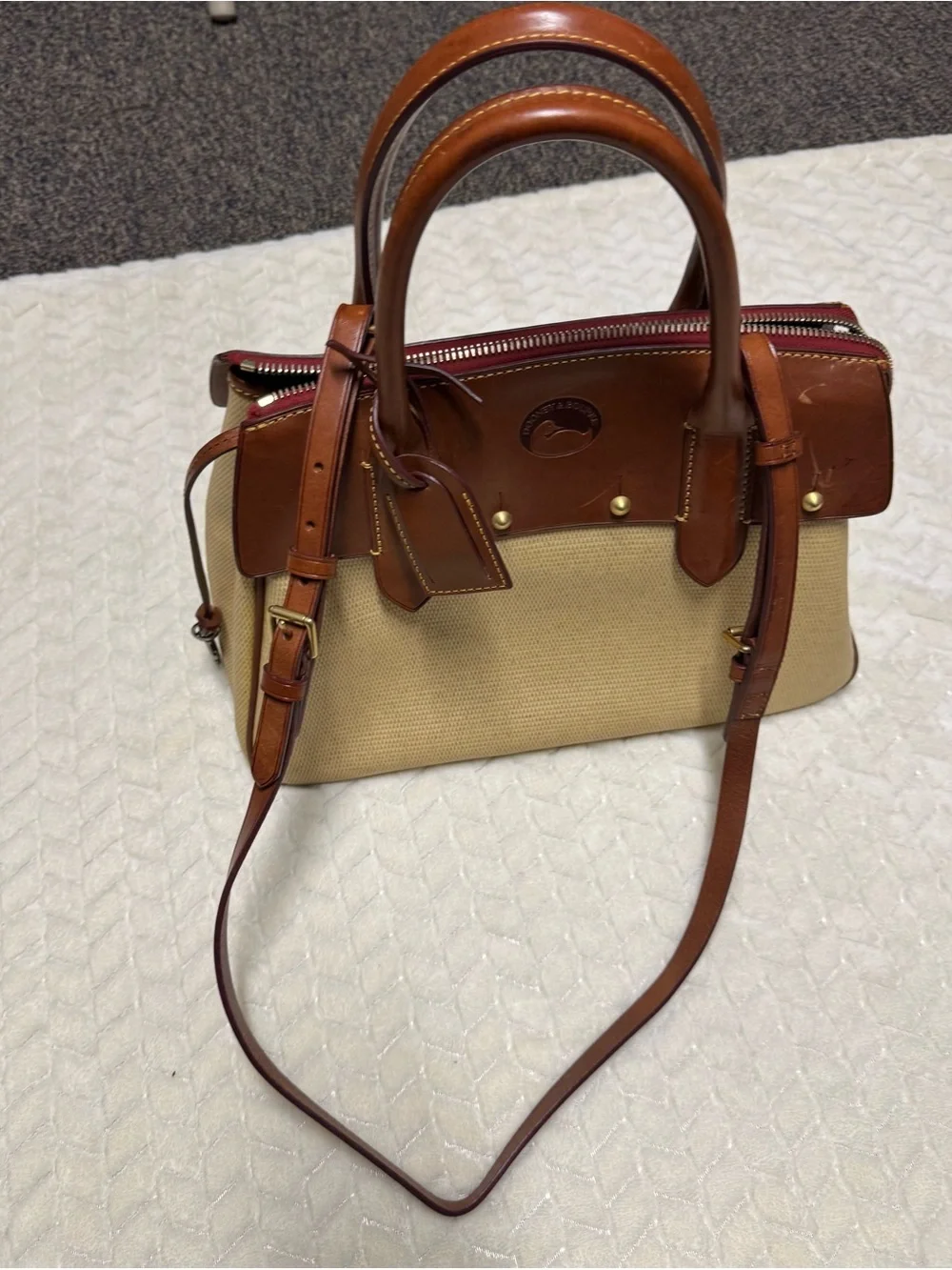 Dooney & Bourke Cream Satchel with Tan Leather Trim - Picture 6 of 15
